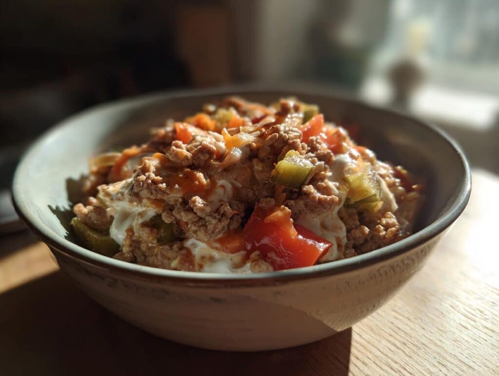 A delicious Ground Turkey Cottage Cheese Bowl with vegetables in a ceramic bowl, ready to eat.