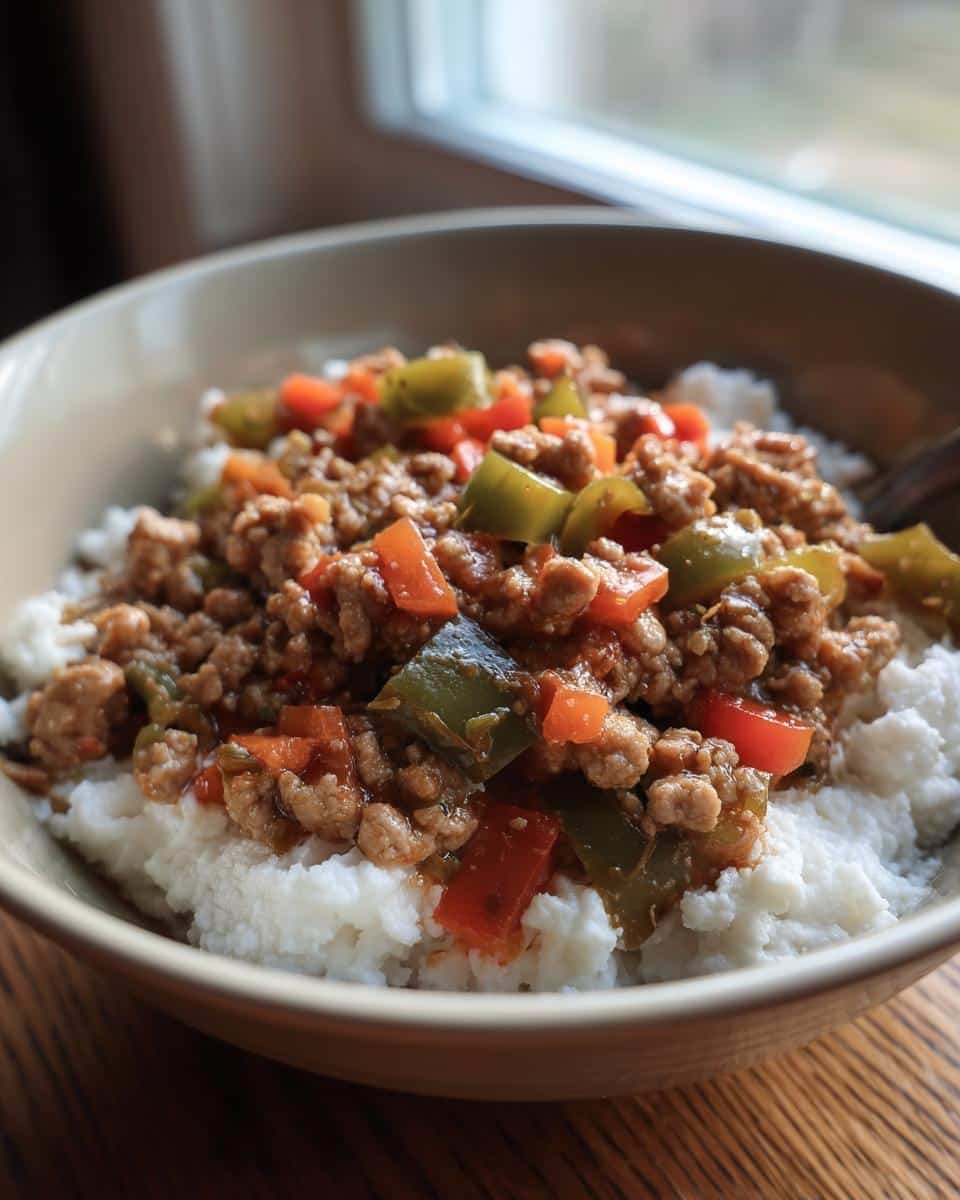 Devastatingly Delicious Ground Turkey Cottage Cheese Bowl 6 Close-up of a Ground Turkey Cottage Cheese Bowl with peppers, showcasing the texture and ingredients.