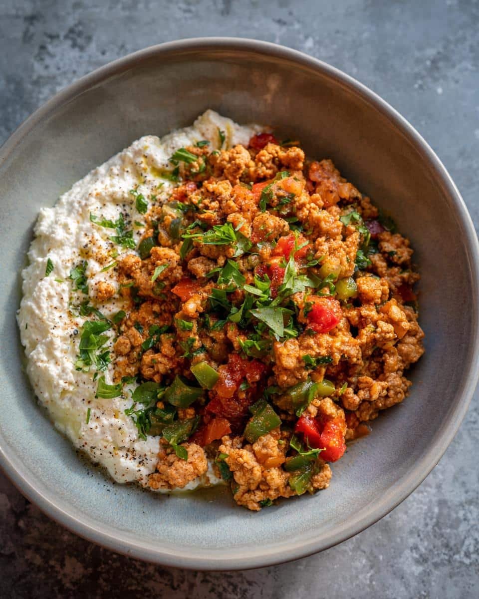 Devastatingly Delicious Ground Turkey Cottage Cheese Bowl 8 Overhead shot of a Ground Turkey Cottage Cheese Bowl with fresh herbs.
