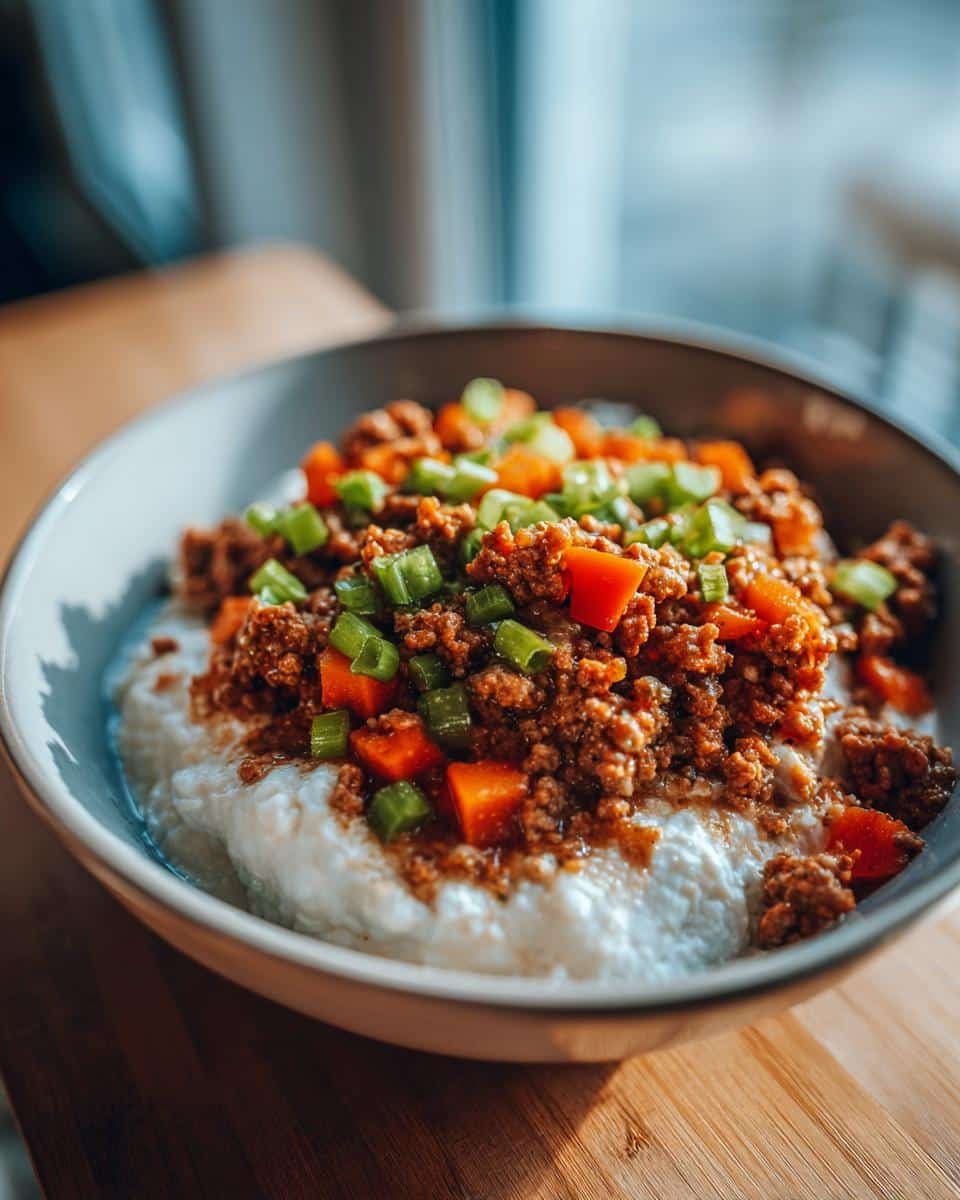 Devastatingly Delicious Ground Turkey Cottage Cheese Bowl 9 A delicious Ground Turkey Cottage Cheese Bowl topped with carrots and green onions.