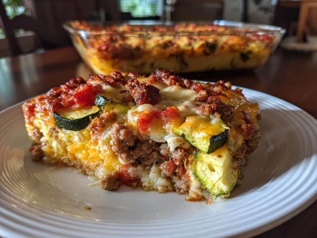 A slice of Ground Turkey Zucchini Casserole on a white plate, showing layers of zucchini, turkey, and cheese.