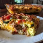 A slice of Ground Turkey Zucchini Casserole on a white plate, showing layers of zucchini, turkey, and cheese.