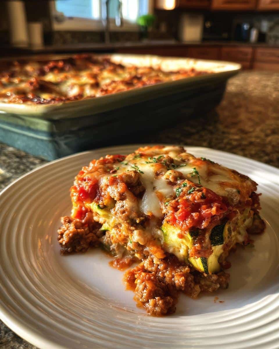 Dump That Sadness: Ground Turkey Zucchini Casserole 6 A slice of Ground Turkey Zucchini Casserole on a white plate, showing layers of zucchini, ground turkey, and melted cheese.