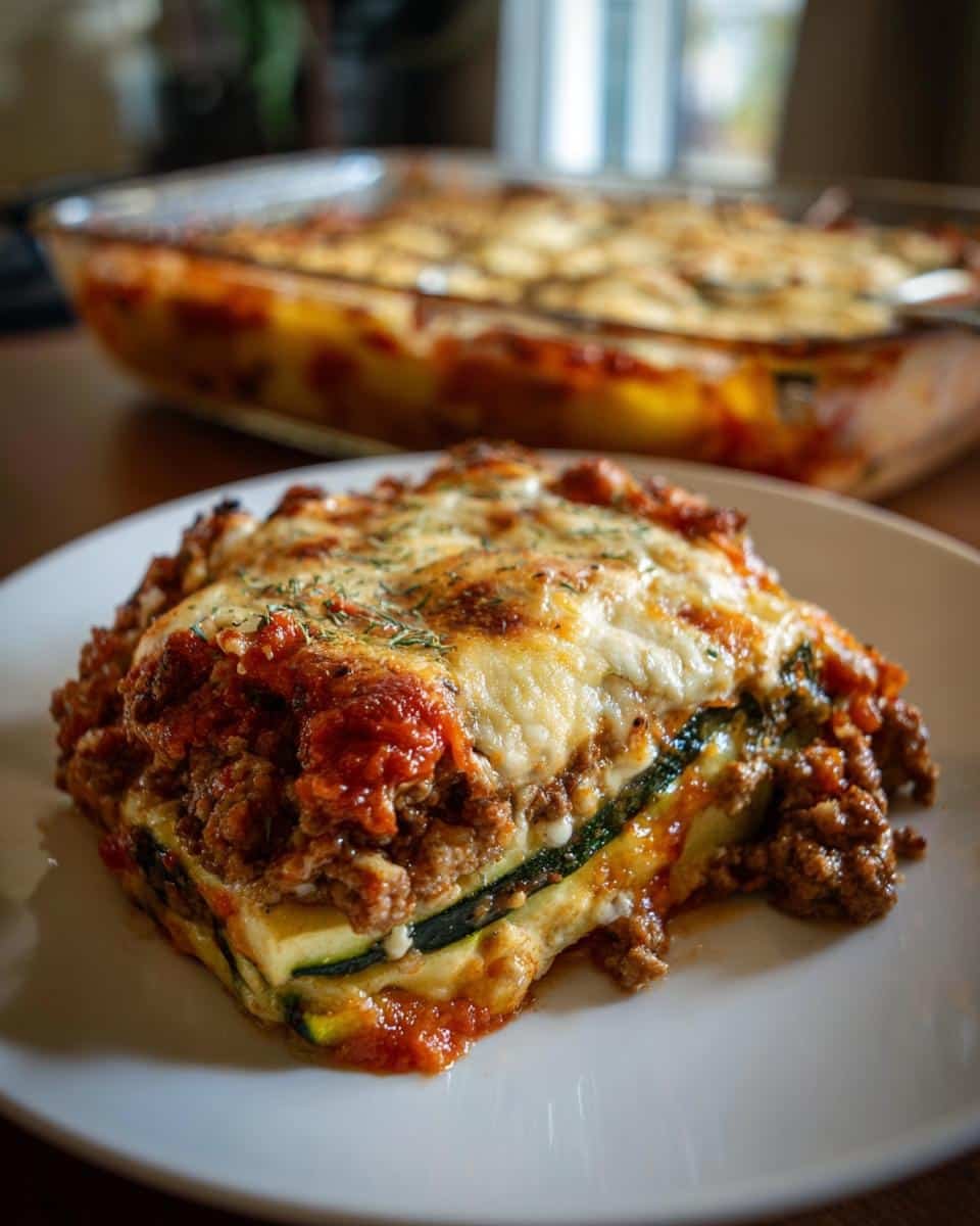 Dump That Sadness: Ground Turkey Zucchini Casserole 7 A slice of Ground Turkey Zucchini Casserole on a plate, showing layers of zucchini, meat, sauce, and cheese.