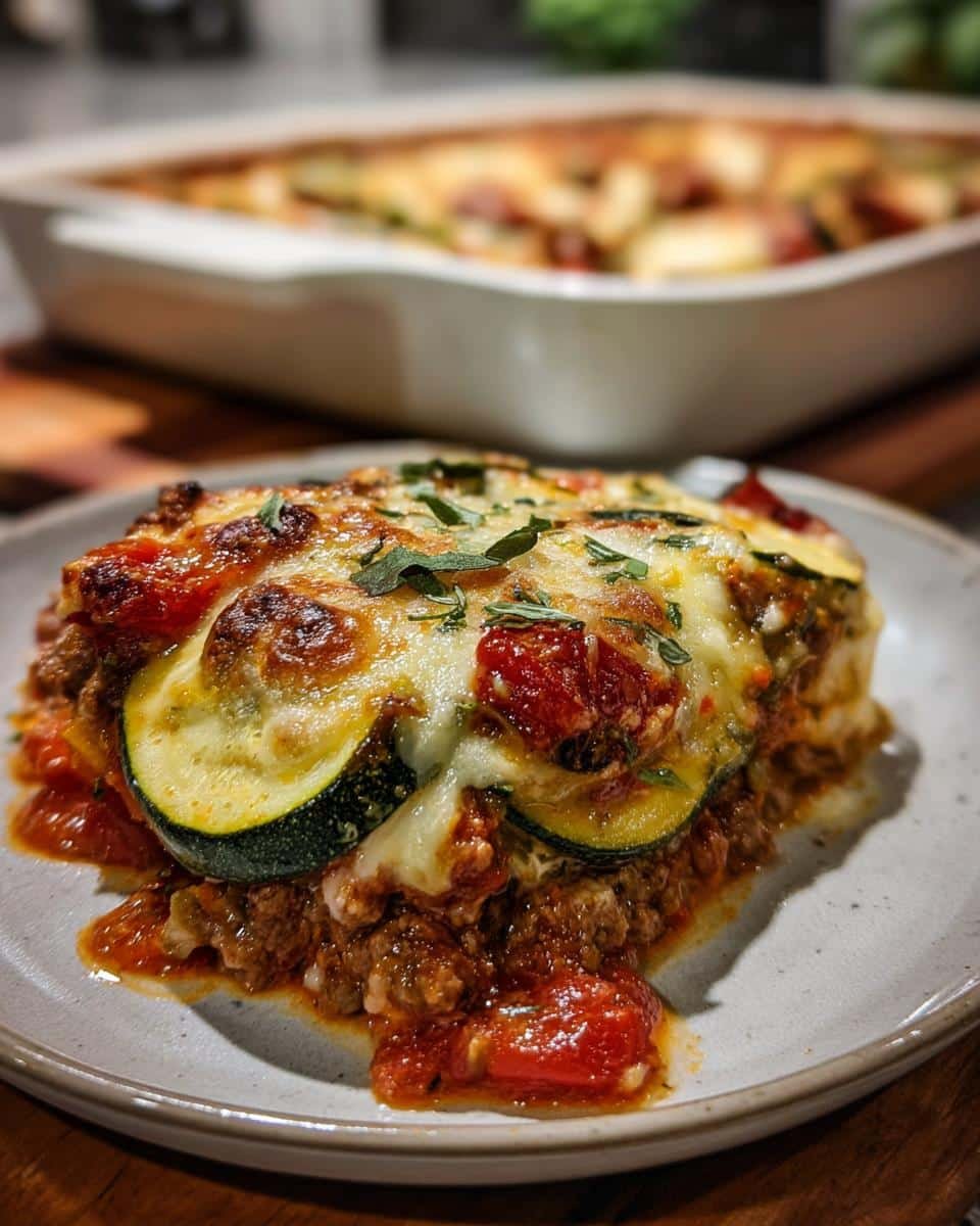 Dump That Sadness: Ground Turkey Zucchini Casserole 8 A slice of Ground Turkey Zucchini Casserole with melted cheese, zucchini, and tomato sauce on a plate.