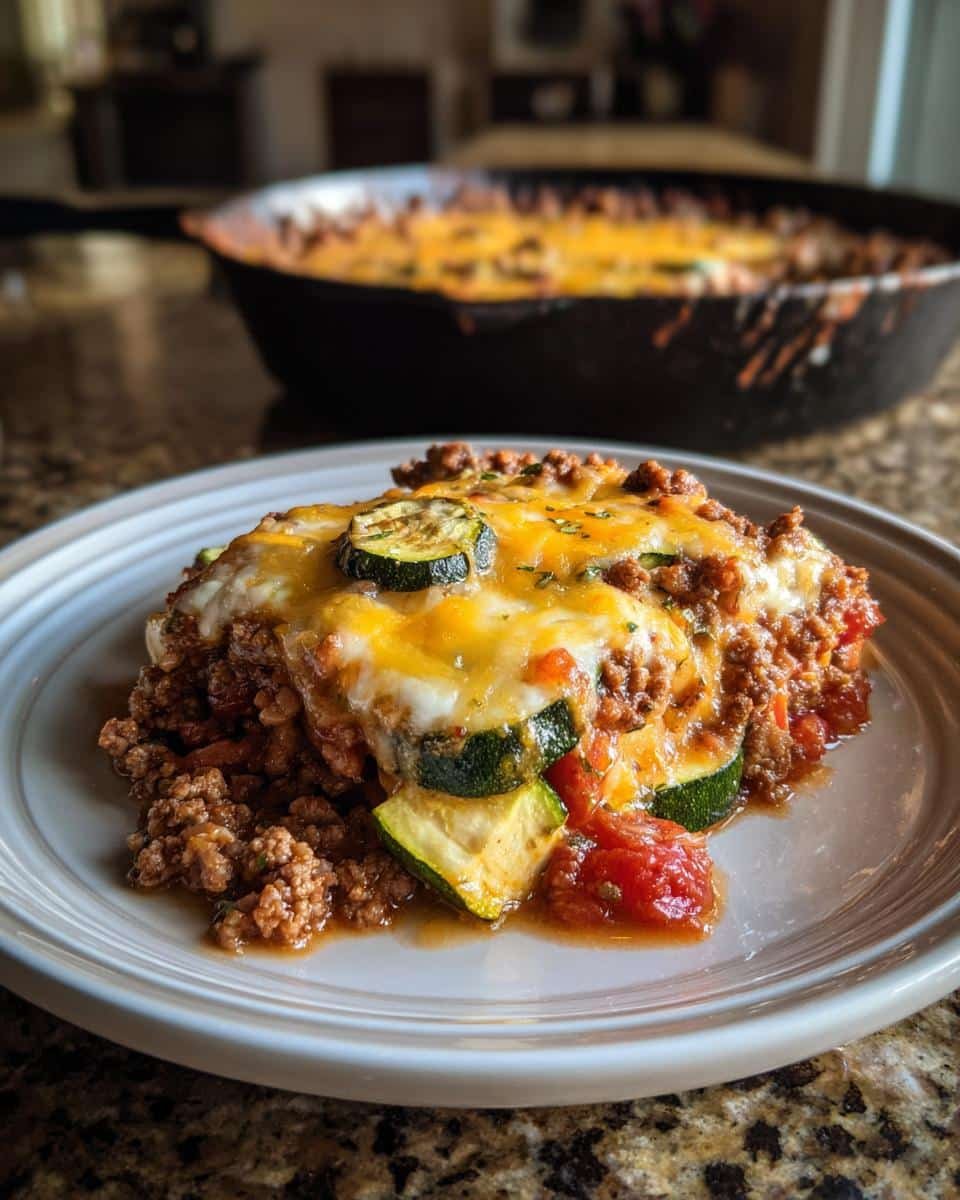 Dump That Sadness: Ground Turkey Zucchini Casserole 9 A slice of cheesy Ground Turkey Zucchini Casserole on a plate, with the rest of the casserole in the background.