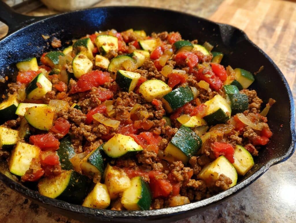 A delicious Ground Turkey and Zucchini Skillet in a cast iron pan, featuring zucchini, tomatoes, and onions.