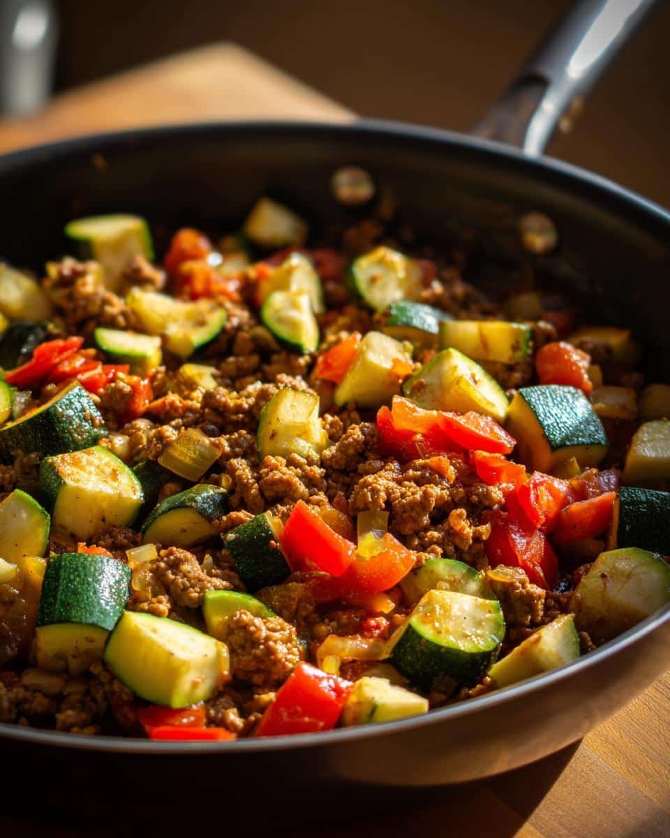 Disgustingly Easy Ground Turkey and Zucchini Skillet in 30 6 Close-up of Ground Turkey and Zucchini Skillet with red bell peppers in a pan.