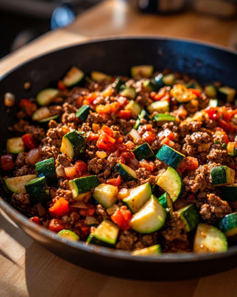 Disgustingly Easy Ground Turkey and Zucchini Skillet in 30 7 Close-up of Ground Turkey and Zucchini Skillet with tomatoes and onions in a black skillet.