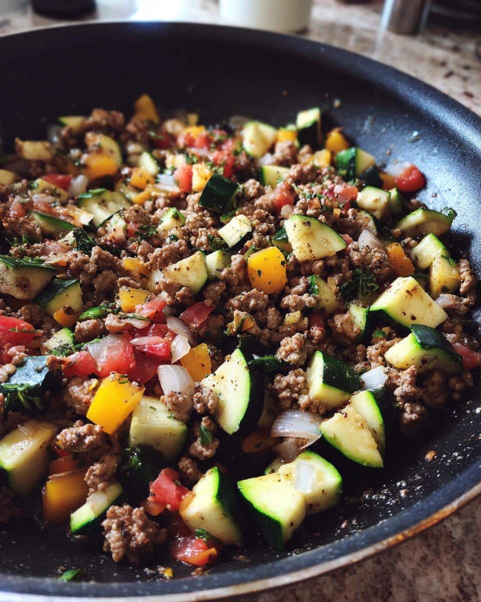 Disgustingly Easy Ground Turkey and Zucchini Skillet in 30 8 Close-up of Ground Turkey and Zucchini Skillet with tomatoes, peppers, and onions in a black skillet.