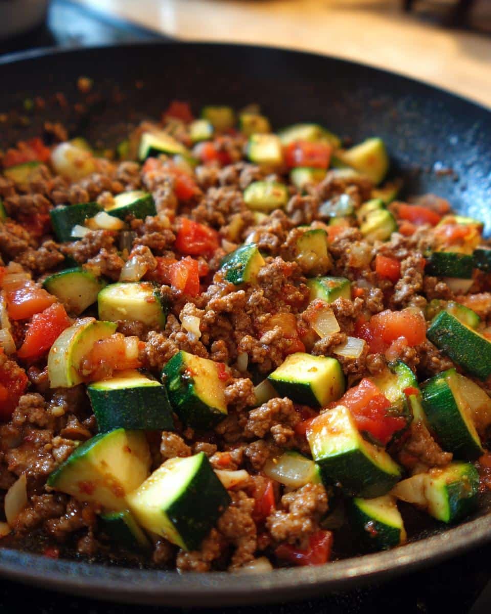Disgustingly Easy Ground Turkey and Zucchini Skillet in 30 9 Close-up of Ground Turkey and Zucchini Skillet with tomatoes and onions in a black skillet.
