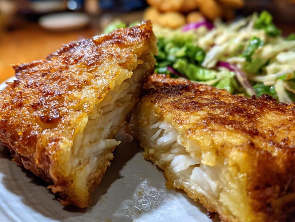 Close-up of a crispy, golden piece of Hawaiian Pineapple Chicken served with a fresh salad.