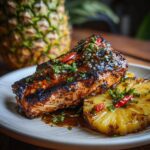 Close-up of Hawaiian Pineapple Chicken served with a grilled pineapple slice, garnished with herbs and chili.