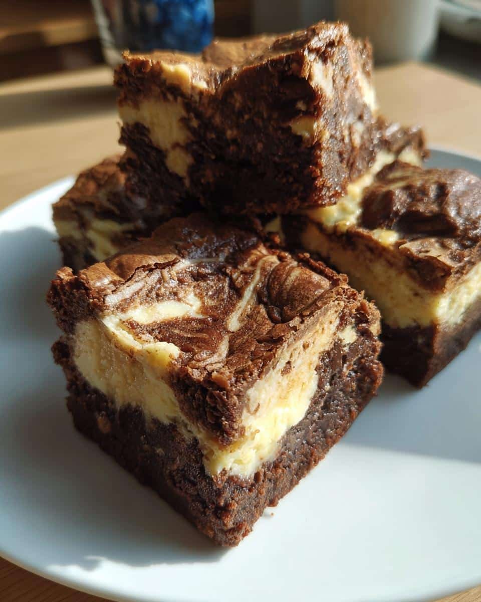 Unbelievable Healthier Cream Cheese Swirl Brownies Recipe 8 A stack of Healthier Cream Cheese Swirl Brownies on a white plate, showcasing the swirl pattern and rich chocolate color.