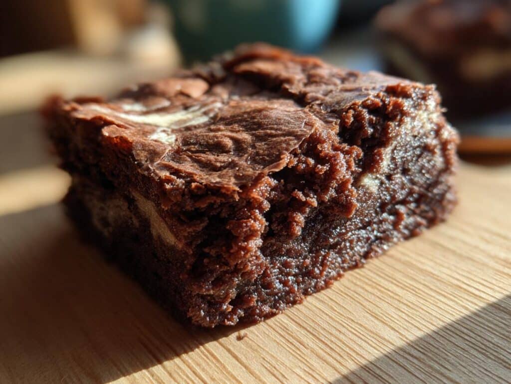 A close-up of a Healthier Cream Cheese Swirl Brownie on a wooden surface, showcasing its rich chocolate texture.