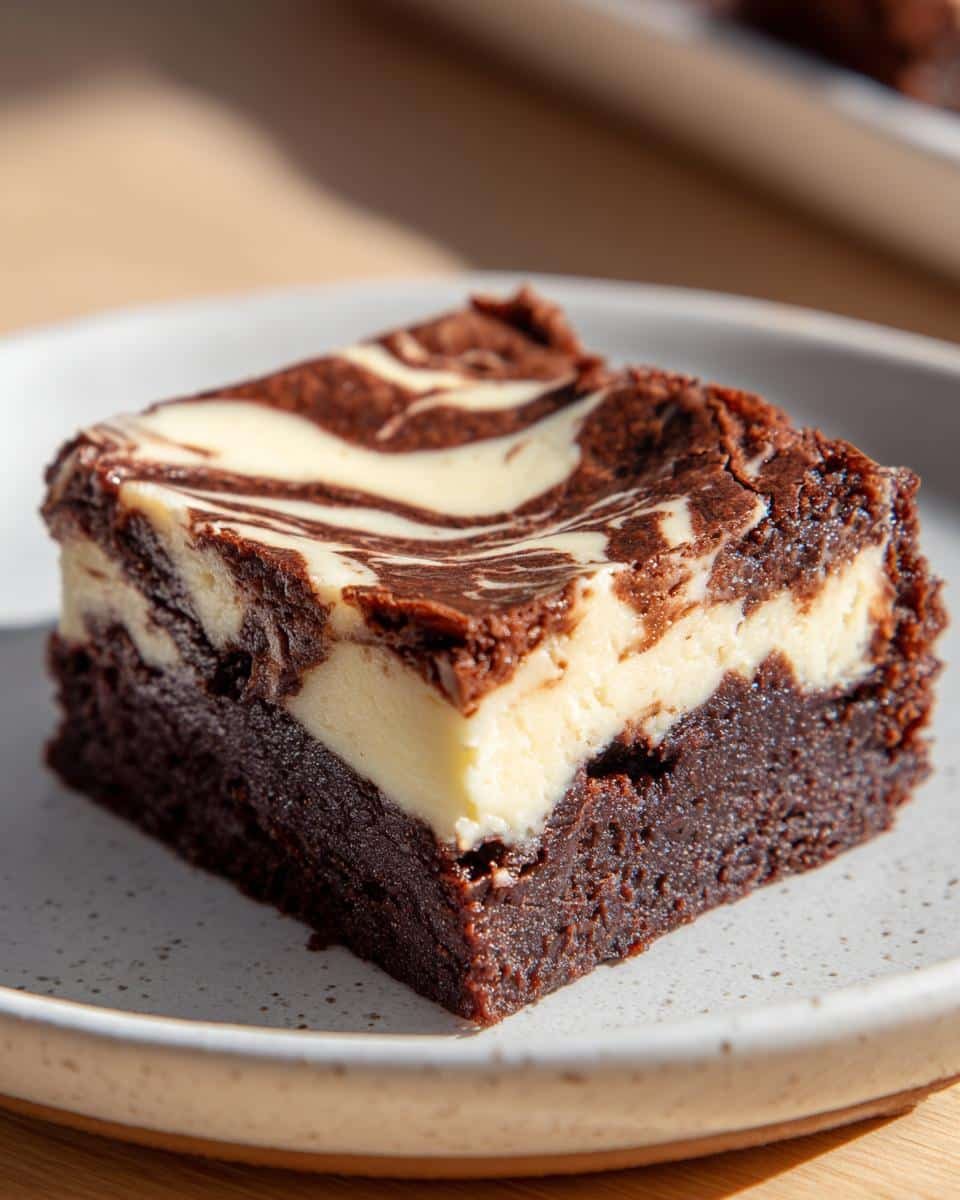 Unbelievable Healthier Cream Cheese Swirl Brownies Recipe 9 A single Healthier Cream Cheese Swirl Brownie, gluten free, on a plate, showcasing the swirl pattern.