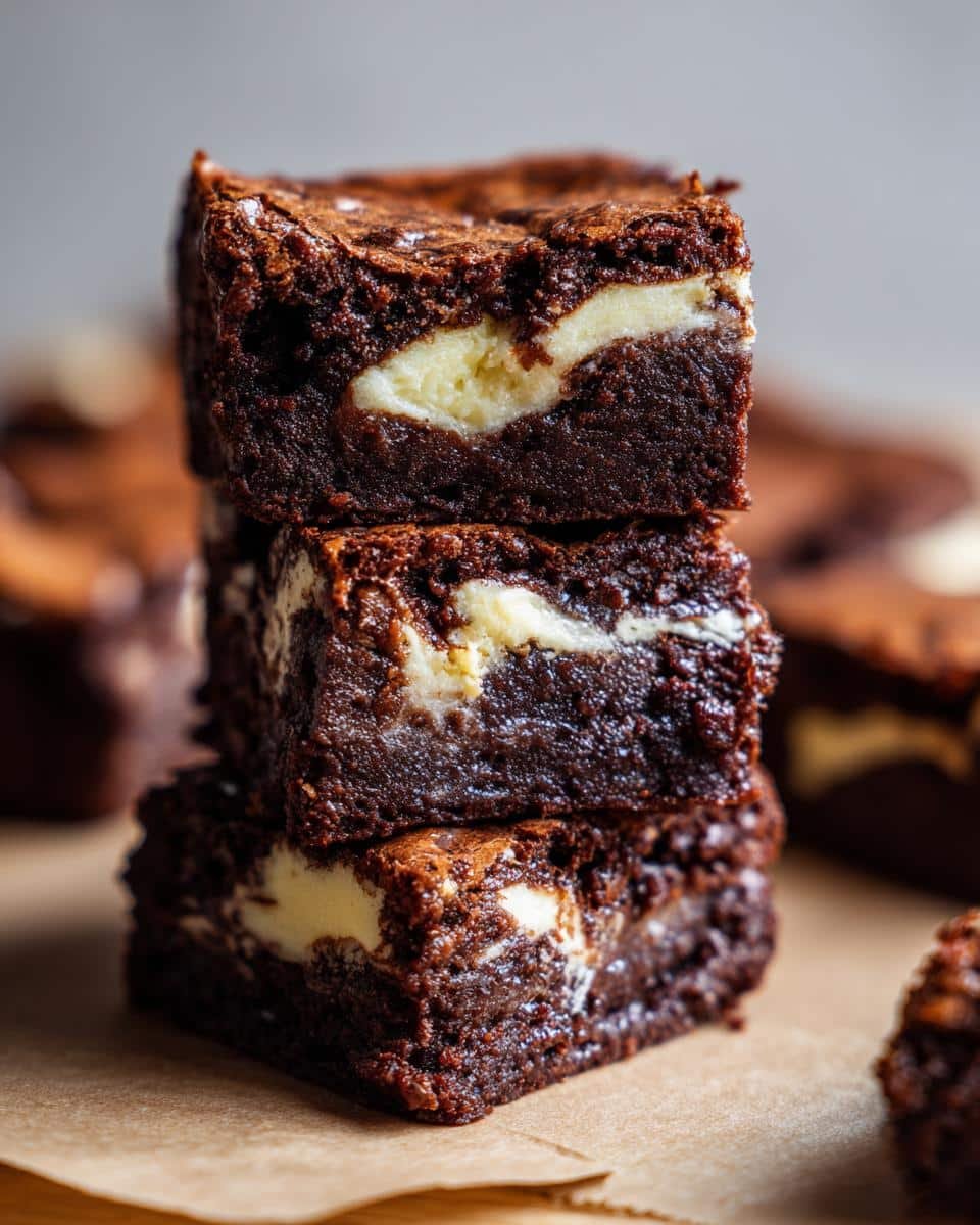 Unbelievable Healthier Cream Cheese Swirl Brownies Recipe 7 A stack of three Healthier Cream Cheese Swirl Brownies on parchment paper, showcasing the cream cheese filling.