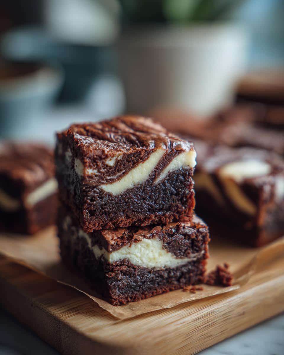 Unbelievable Healthier Cream Cheese Swirl Brownies Recipe 6 A stack of two Healthier Cream Cheese Swirl Brownies on a wooden board, showcasing the cream cheese swirl.