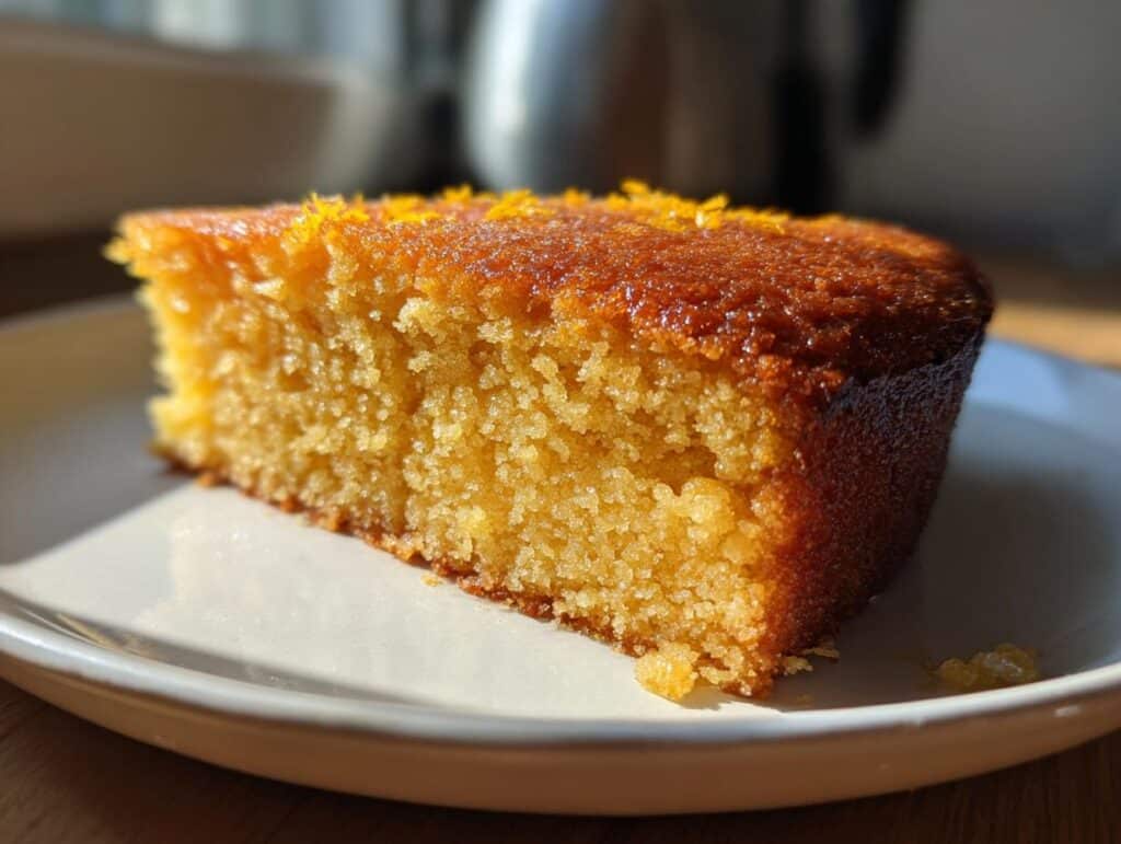 A slice of Healthier Lemon Olive Oil Cake on a plate, topped with lemon zest.