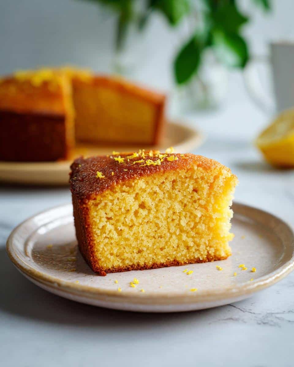 Bake a Delicious Healthier Lemon Olive Oil Cake in 35 Min 6 A slice of Healthier Lemon Olive Oil Cake on a plate, topped with lemon zest.
