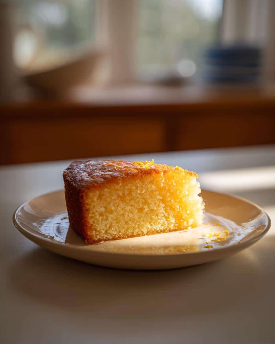 Bake a Delicious Healthier Lemon Olive Oil Cake in 35 Min 7 A slice of Healthier Lemon Olive Oil Cake on a plate, garnished with lemon zest.