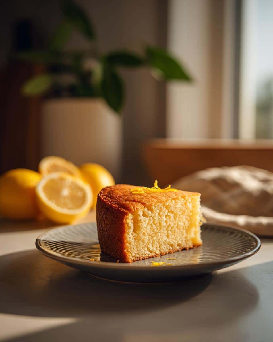 Bake a Delicious Healthier Lemon Olive Oil Cake in 35 Min 8 A slice of Healthier Lemon Olive Oil Cake on a plate, garnished with lemon zest. Lemons in the background.