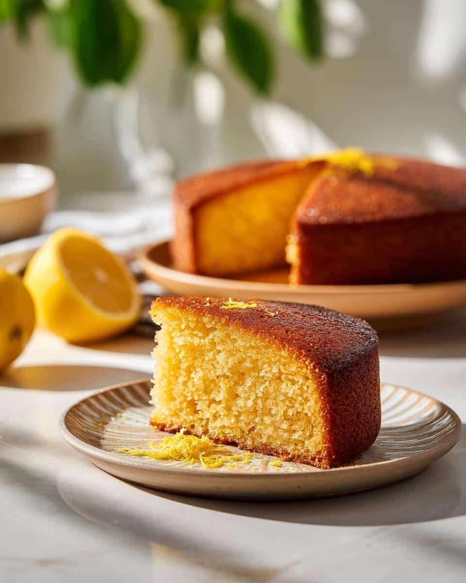 Bake a Delicious Healthier Lemon Olive Oil Cake in 35 Min 9 A slice of Healthier Lemon Olive Oil Cake on a plate, garnished with lemon zest. Whole cake in background.
