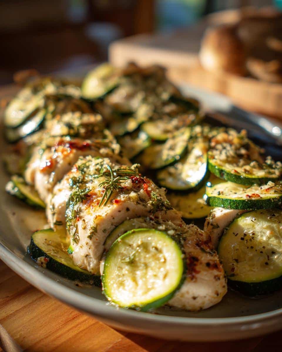 Healthy Chicken Breast: 3-Step Recipe You Can't Ruin 6 Plated healthy chicken breast with zucchini slices, seasoned with herbs and spices.