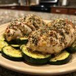Two pieces of Healthy Chicken Breast with Zucchini on a plate, seasoned and ready to eat.