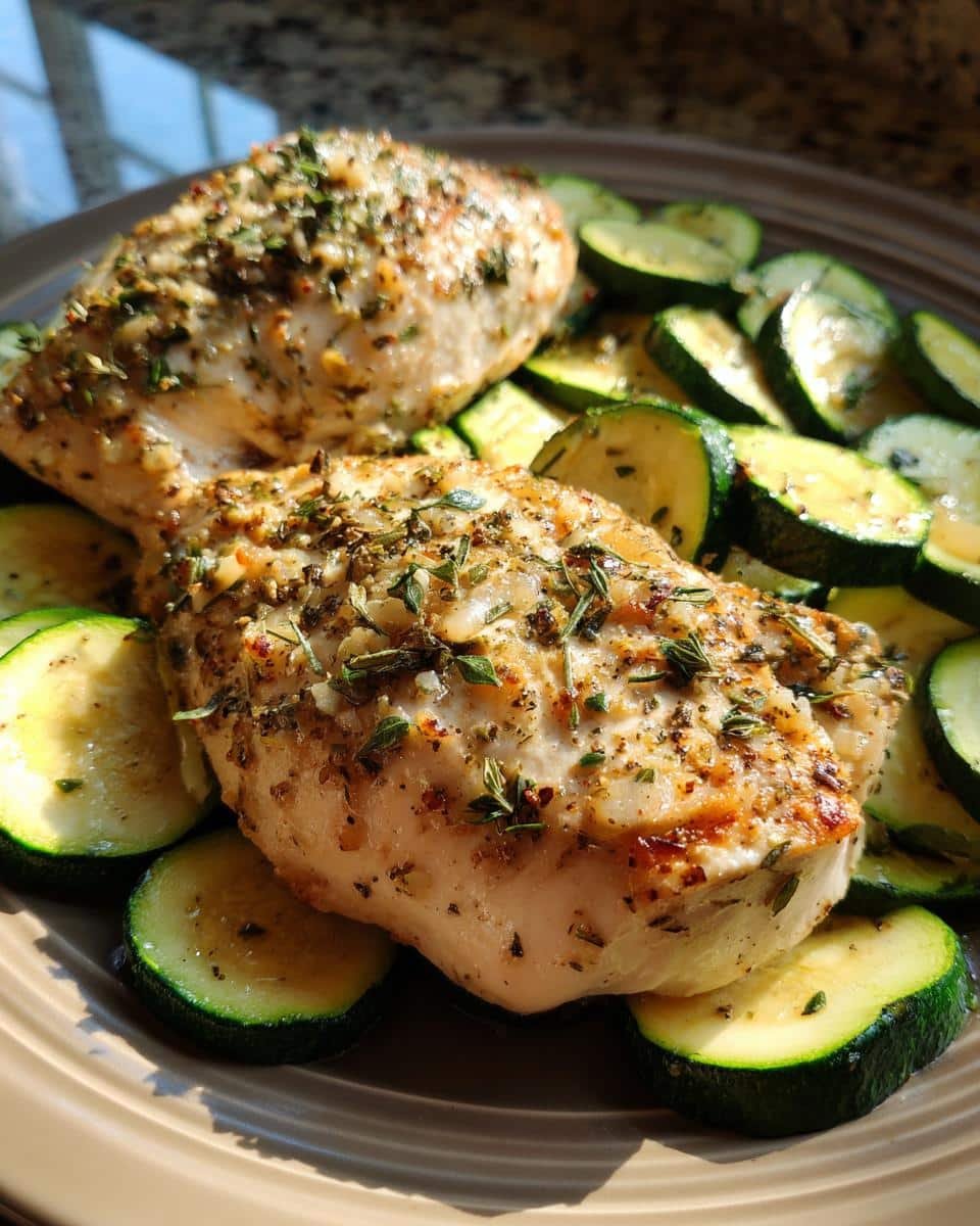 Healthy Chicken Breast: 3-Step Recipe You Can't Ruin 7 Two pieces of Healthy Chicken Breast with Zucchini on a plate, seasoned with herbs.