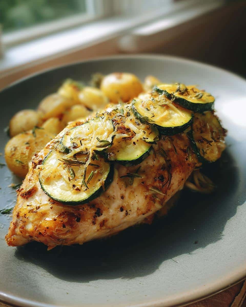 Healthy Chicken Breast: 3-Step Recipe You Can't Ruin 8 Close-up of Healthy Chicken Breast with Zucchini slices and potatoes on a plate.