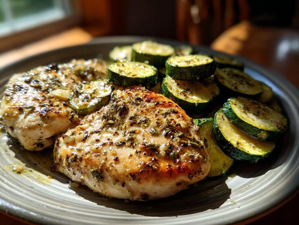 Two pieces of Healthy Chicken Breast with Zucchini slices on a plate, seasoned with herbs and spices.