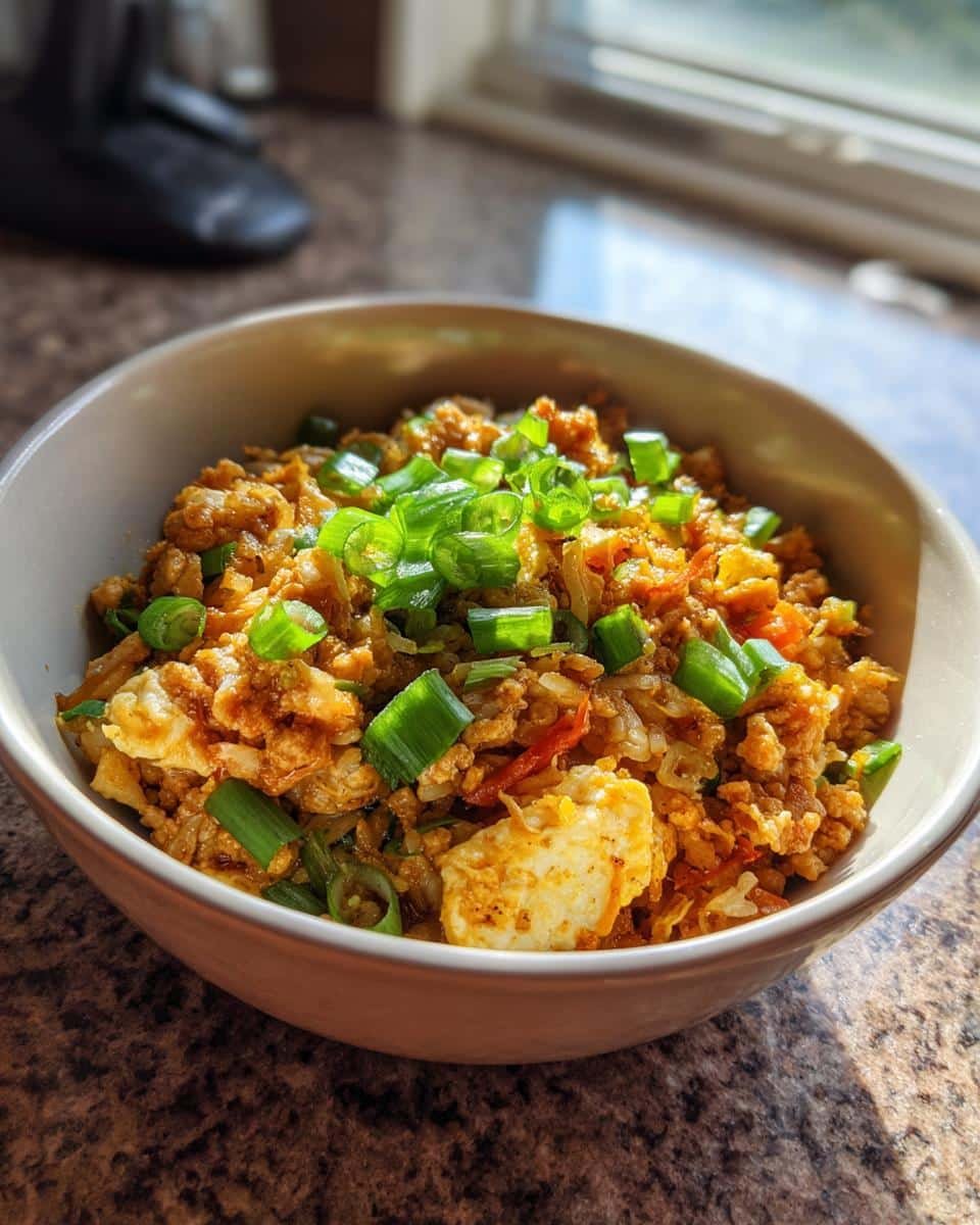 Healthy Egg Roll In Bowl Recipe: Shockingly Easy in 25 8 A bowl of Healthy Egg Roll in a Bowl, topped with fresh green onions, showcasing a low-carb and flavorful meal.
