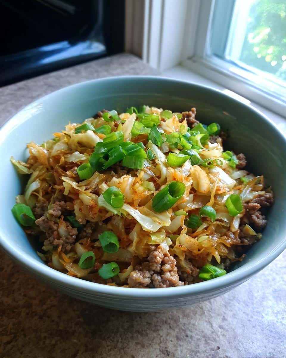 Healthy Egg Roll In Bowl Recipe: Shockingly Easy in 25 6 A bowl of Healthy Egg Roll in a Bowl, featuring ground meat, cabbage, and green onion garnish.