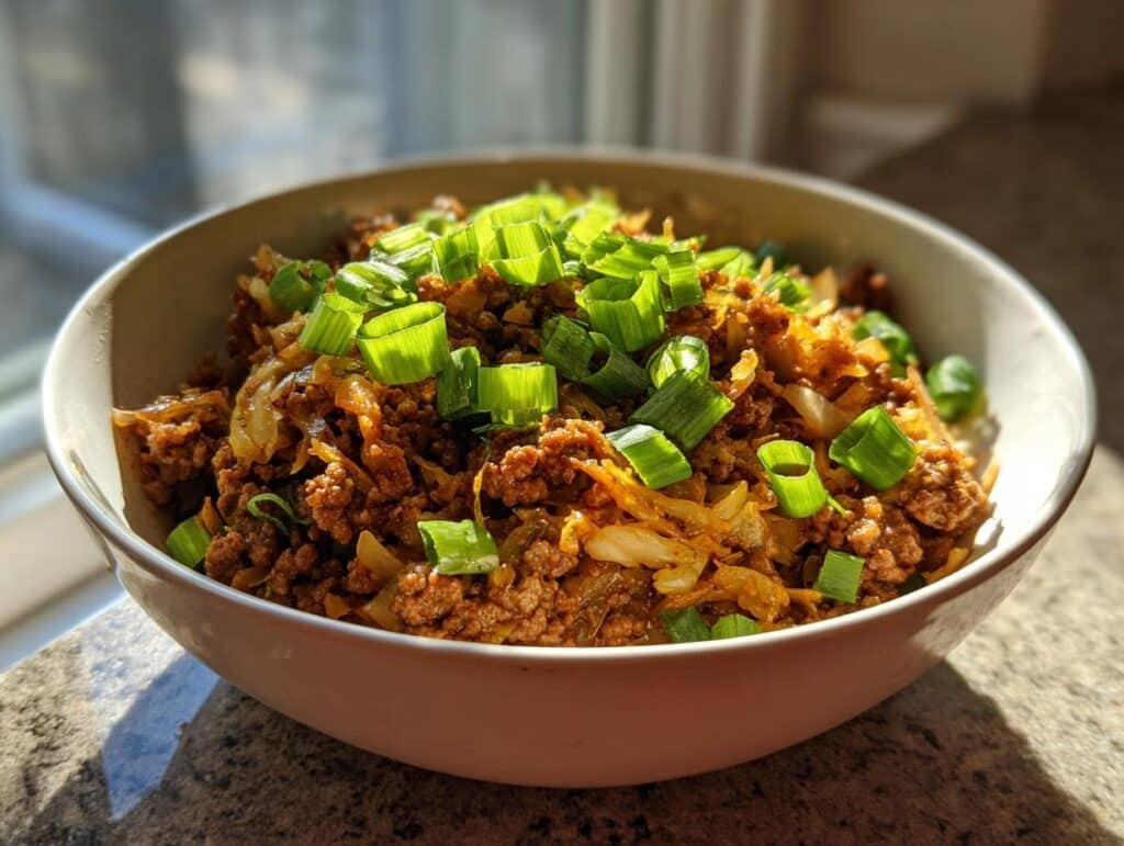 A bowl of Healthy Egg Roll in a Bowl recipe, topped with fresh chopped scallions.