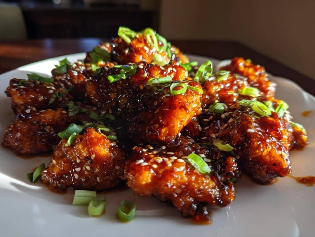 Close-up of Healthy Orange Chicken pieces on a white plate, garnished with sesame seeds and green onions.