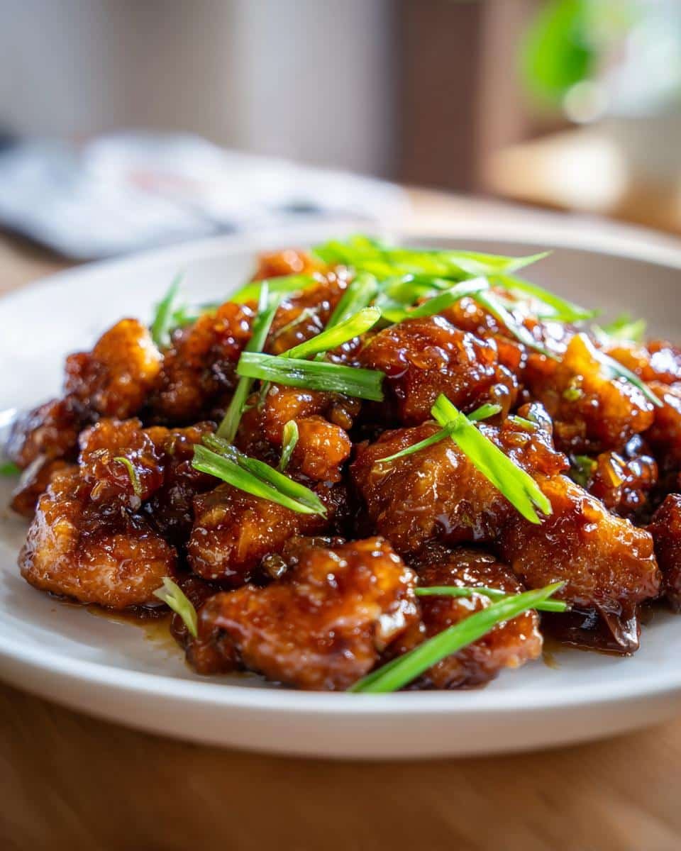 Healthy Orange Chicken: Ditch Takeout Guilt with 5 Steps 7 Close-up of Healthy Orange Chicken on a white plate, garnished with green onions.