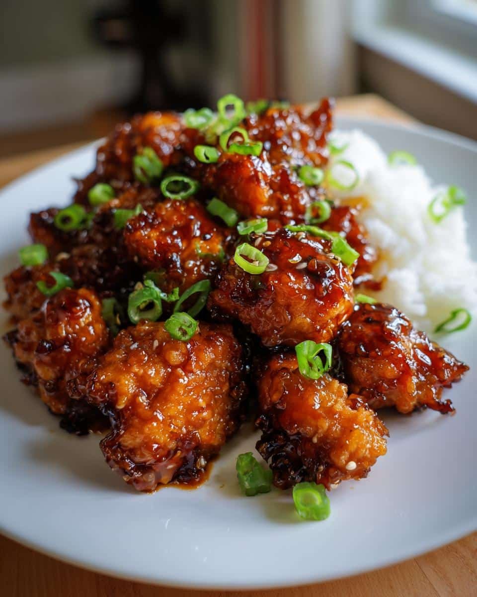 Healthy Orange Chicken: Ditch Takeout Guilt with 5 Steps 9 A plate of Healthy Orange Chicken served with white rice and garnished with green onions and sesame seeds.