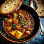 A bowl of Hearty Irish Vegetarian Stew, garnished with herbs and served with a slice of crusty bread.