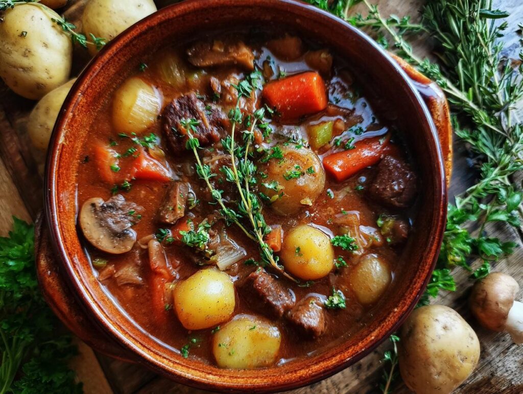 Overhead shot of a bowl of Hearty Irish Vegetarian Stew with potatoes, carrots, mushrooms, and herbs.