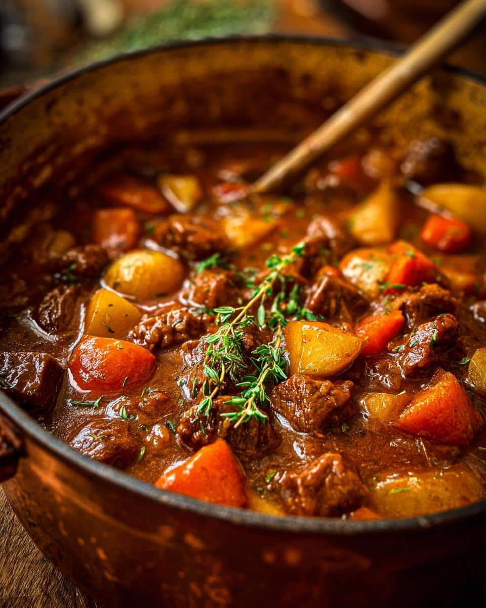 Hearty Irish Vegetarian Stew: Grandma's Stew, Improved 7 Close-up of Hearty Irish Vegetarian Stew in a rustic pot, garnished with fresh thyme.