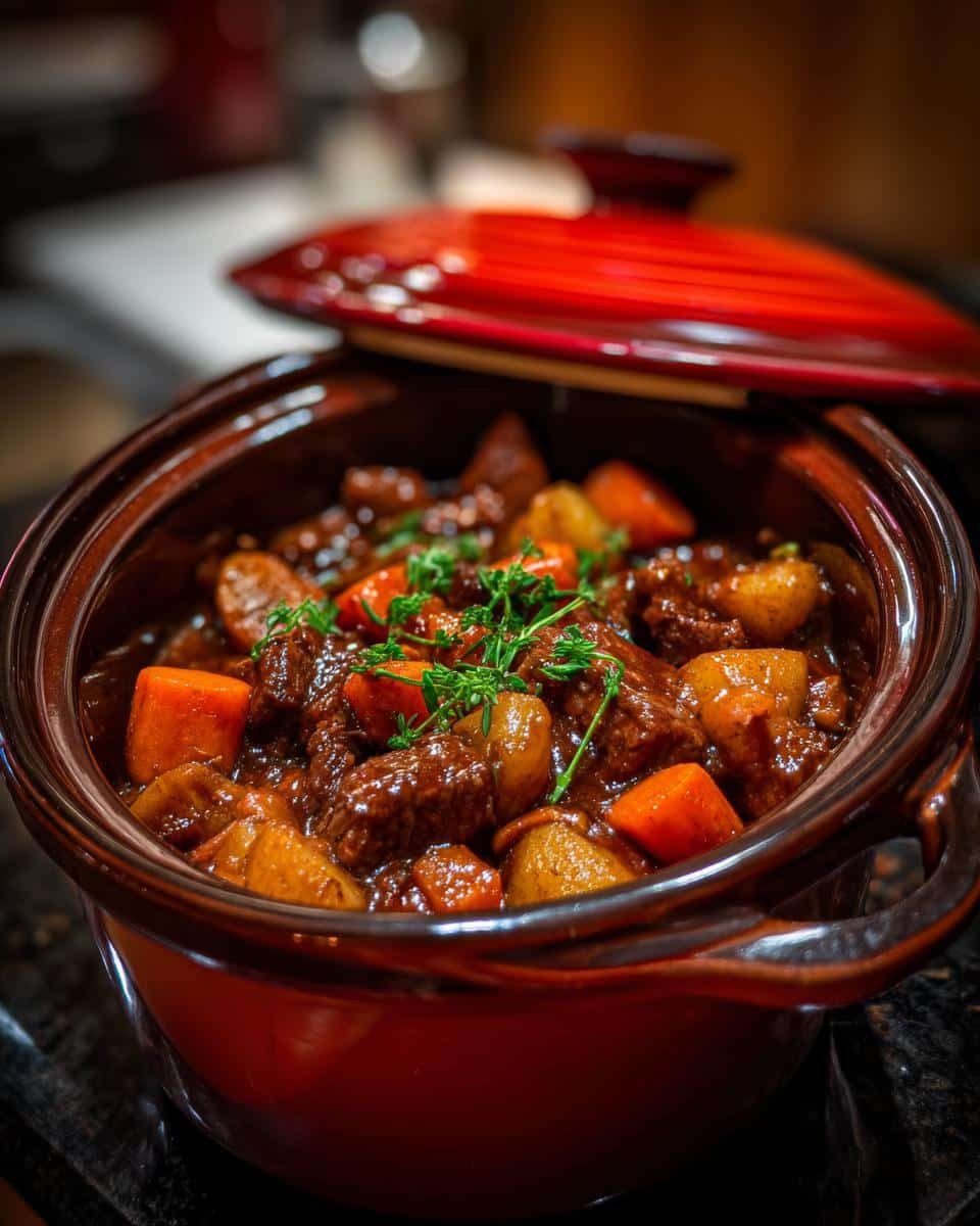 Hearty Irish Vegetarian Stew: Grandma's Stew, Improved 8 Close-up of Hearty Irish Vegetarian Stew in a red pot with carrots, potatoes, and herbs.