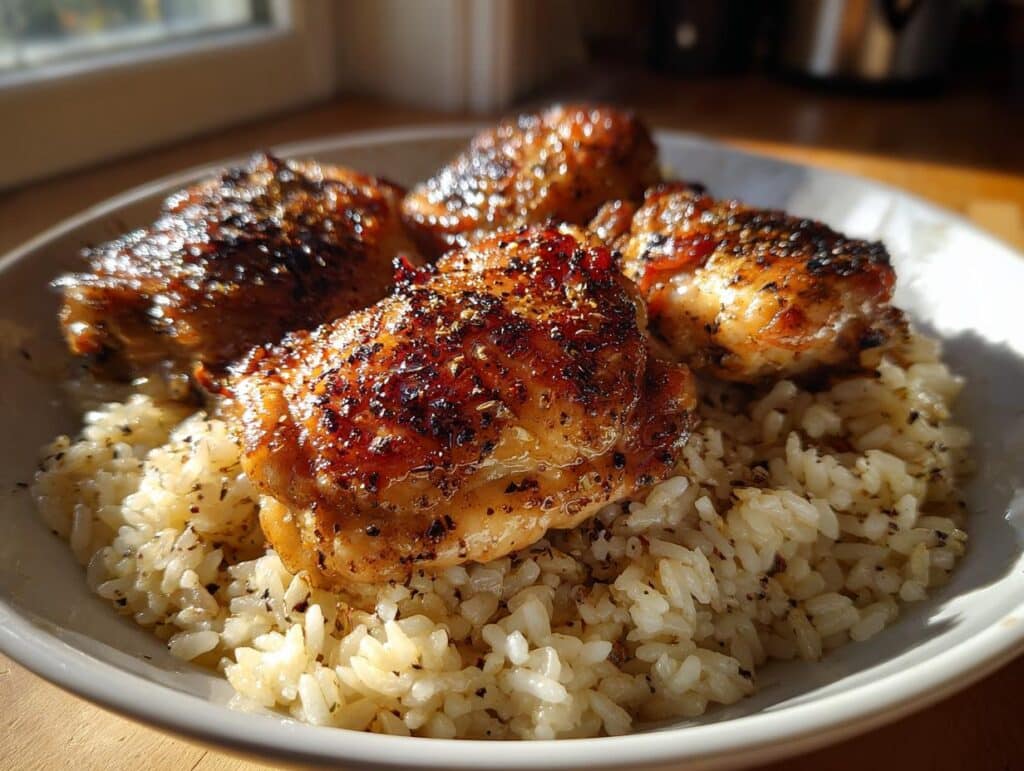 Close-up of One-Pan Honey Butter Garlic Chicken & Rice served on a white plate, showcasing the caramelized chicken and seasoned rice.