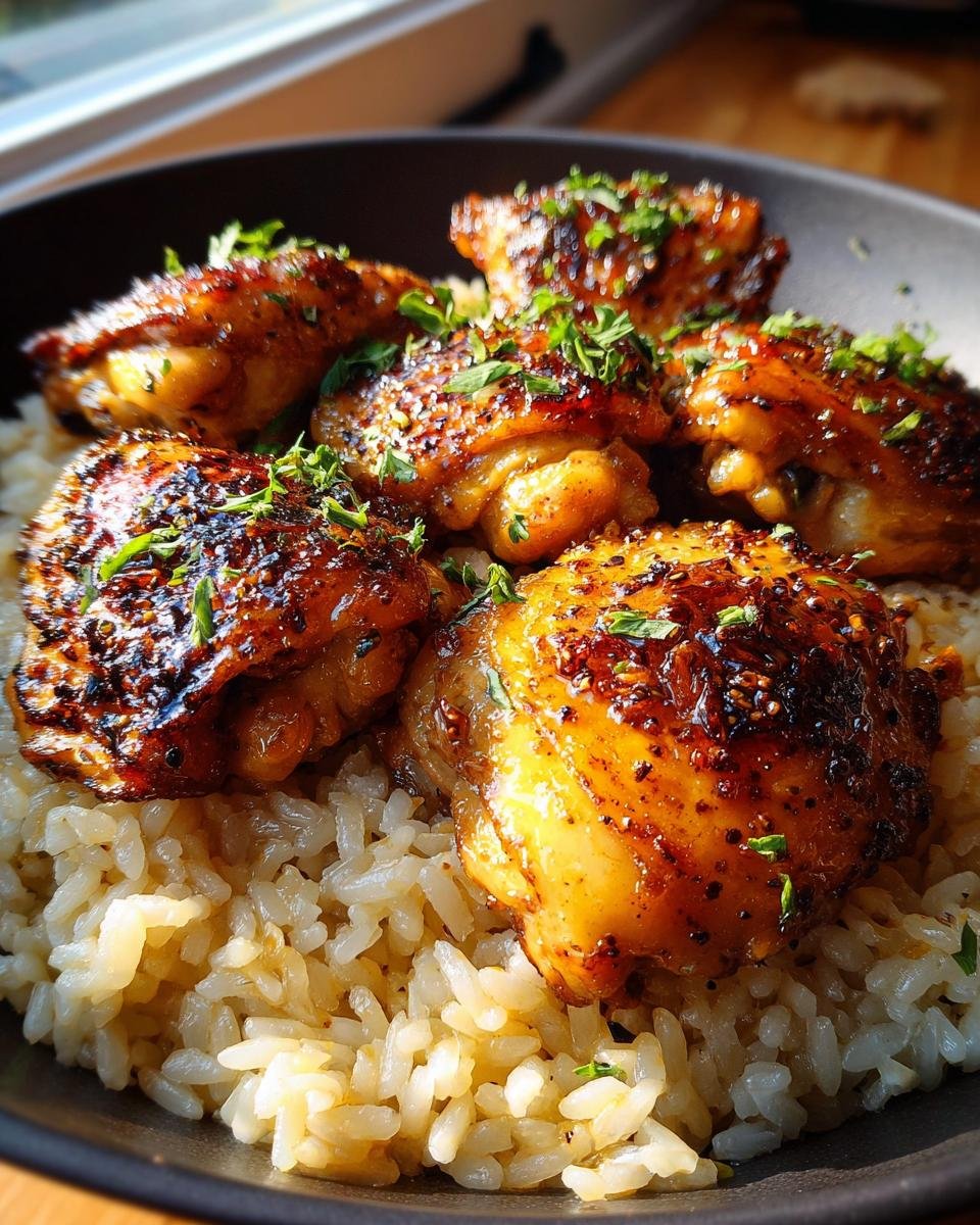 Easy One-Pan Honey Butter Garlic Chicken & Rice, a Disaster 9 A bowl of One-Pan Honey Butter Garlic Chicken & Rice, garnished with fresh herbs on a wooden table.