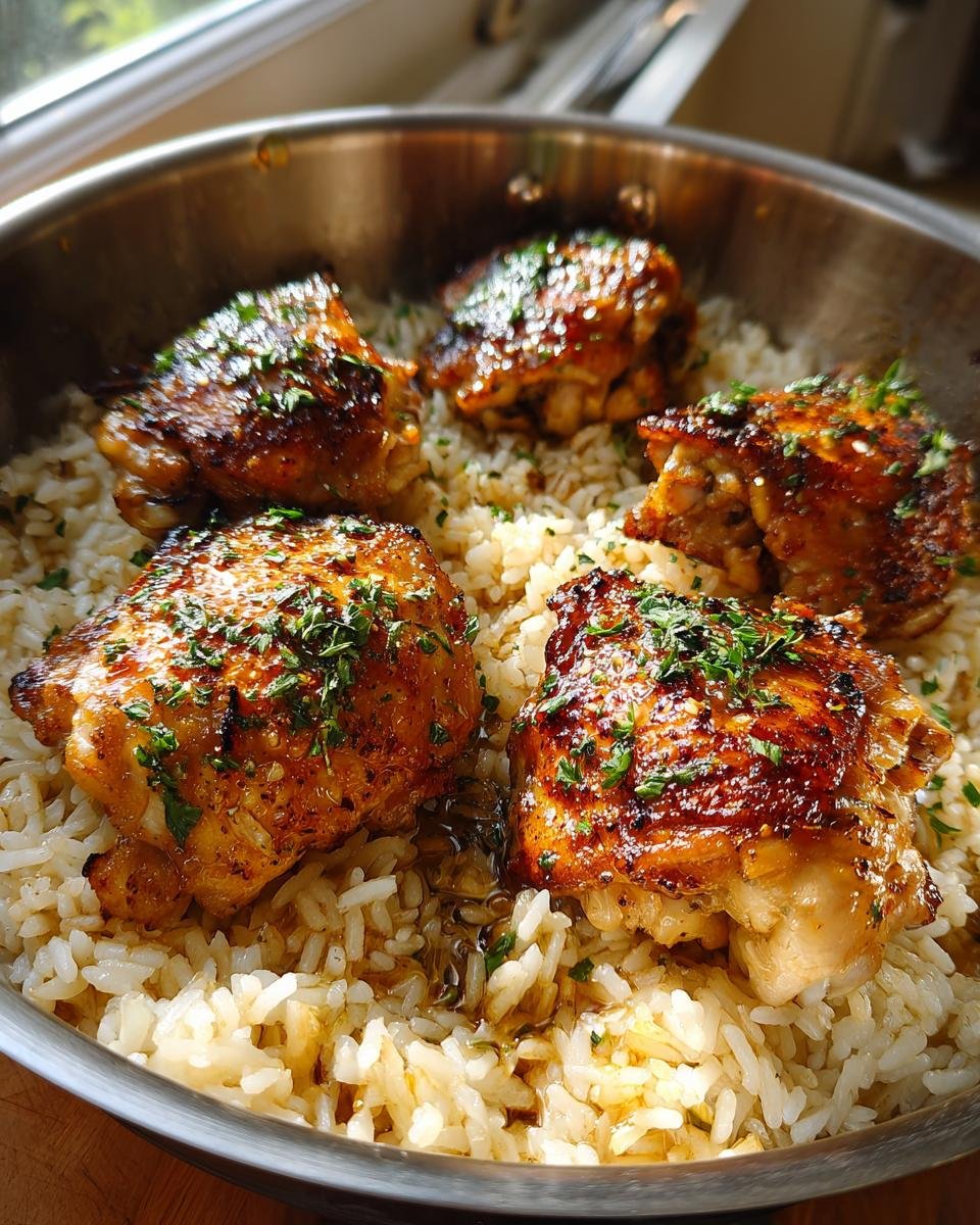 Easy One-Pan Honey Butter Garlic Chicken & Rice, a Disaster 6 One-Pan Honey Butter Garlic Chicken & Rice. Chicken thighs sit atop rice in a stainless steel pan.