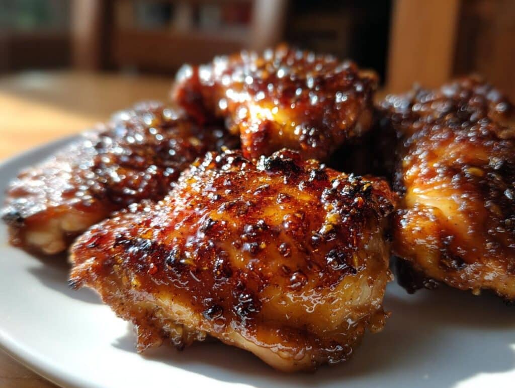 Close-up of glazed Honey Garlic Chicken Thighs on a white plate, showcasing the sticky, caramelized sauce.
