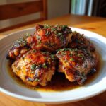 A plate of glazed Honey Garlic Chicken Thighs, garnished with herbs, ready to serve.