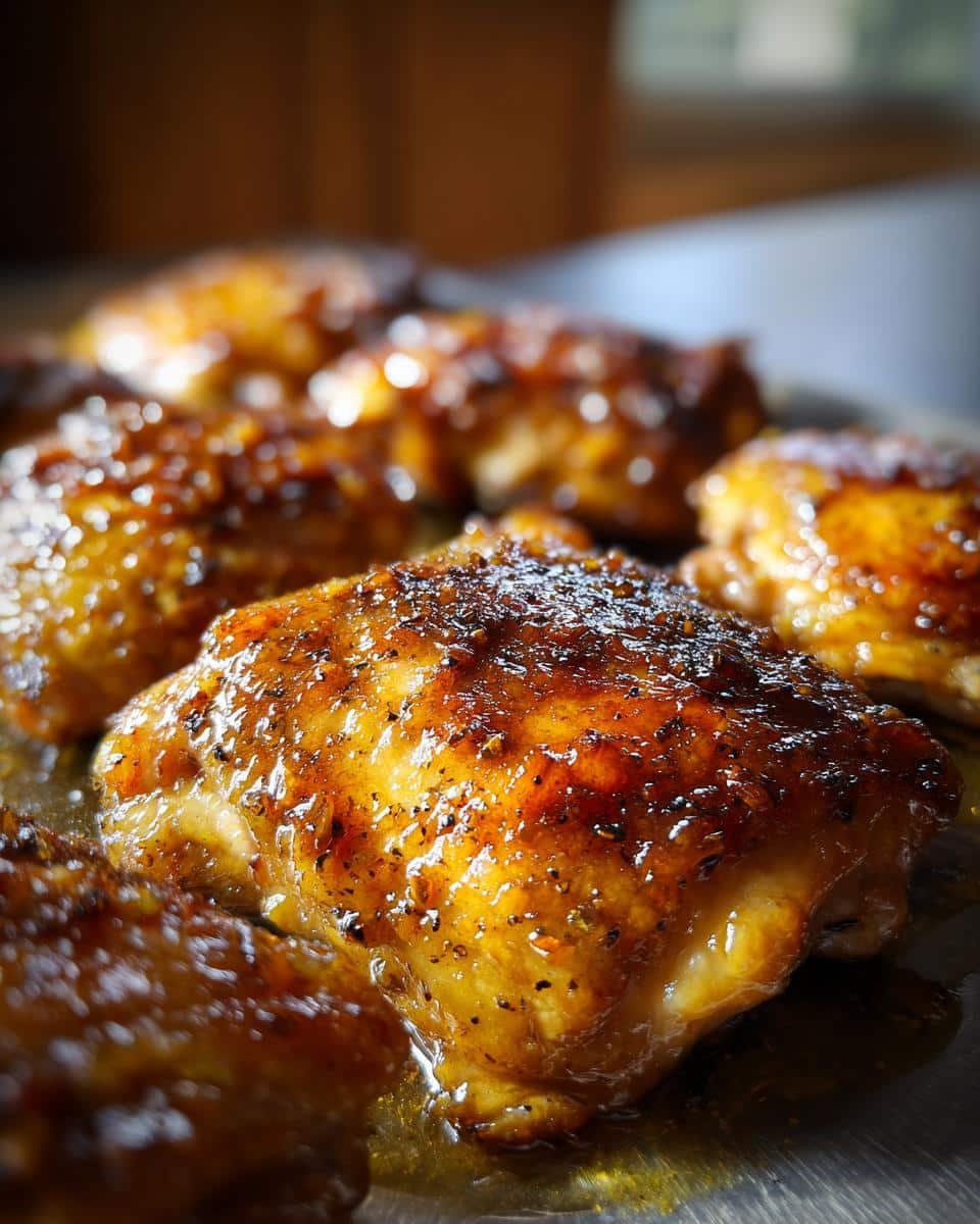 Honey Garlic Chicken Thighs: Foolproof 30-Minute Meal 6 Close-up of glazed Honey Garlic Chicken Thighs on a baking sheet, glistening with sauce.