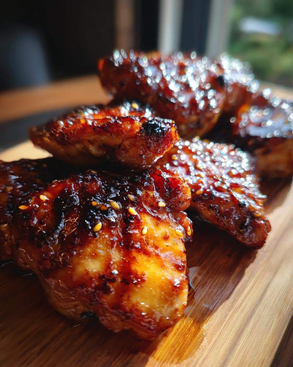 Honey Garlic Chicken Thighs: Foolproof 30-Minute Meal 7 Close-up of Honey Garlic Chicken Thighs, glazed and sprinkled with sesame seeds on a wooden board.