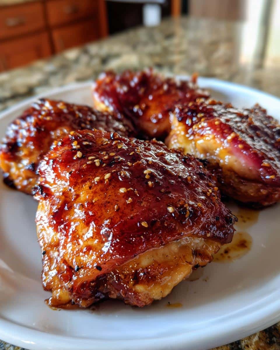 Honey Garlic Chicken Thighs: Foolproof 30-Minute Meal 9 Four honey garlic chicken thighs on a white plate, glazed and sprinkled with sesame seeds.